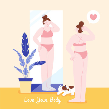 照鏡子并欣賞自己身體的女子 扁平概念插圖