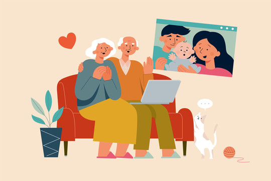 老年夫妇疫情间在家时与家人远程视频通话