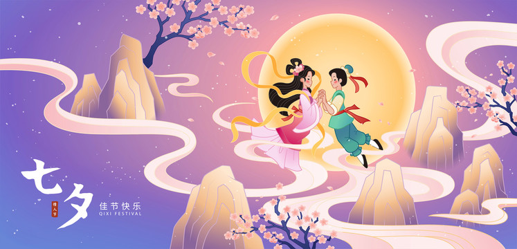 中國浪漫七夕牛郎與織女空中相見歡橫幅插圖
