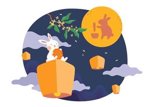 乘坐天灯赏月的玉兔 中秋平面插图