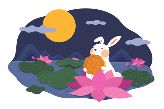 乘坐荷花享用月饼的玉兔 中秋平面插图