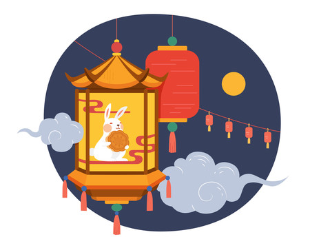 傳統(tǒng)燈籠與滿月中秋節(jié)插圖