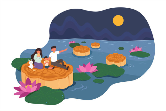 荷花塘上乘坐月餅的微型人物 中秋節(jié)插圖