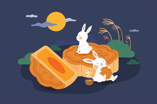 中秋佳节玉兔享用美味月饼平面插图