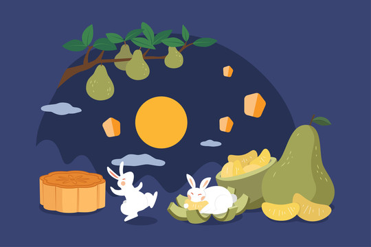 中秋玉兔享用柚子与月饼平面插图