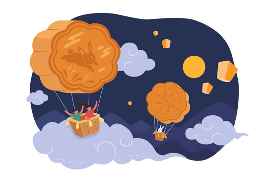中秋微型人物乘坐月饼热气球平面插图
