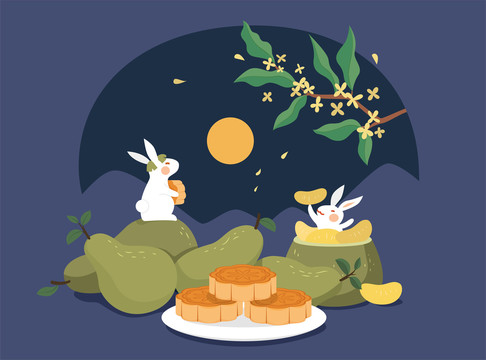 中秋玉兔在月光下享用月饼与柚子扁平插图