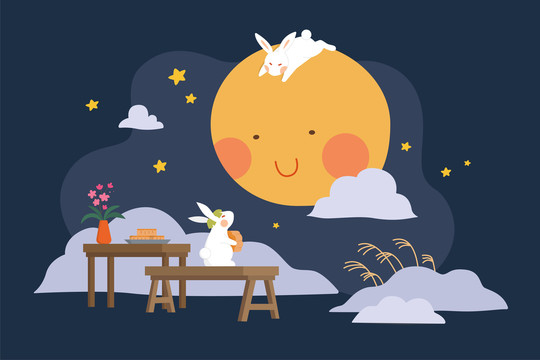 中秋玉兔与巨大月亮对望扁平插图