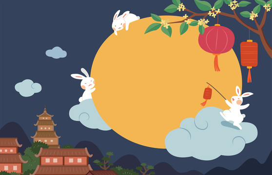 中秋玉兔攀附在巨大月亮上扁平插圖