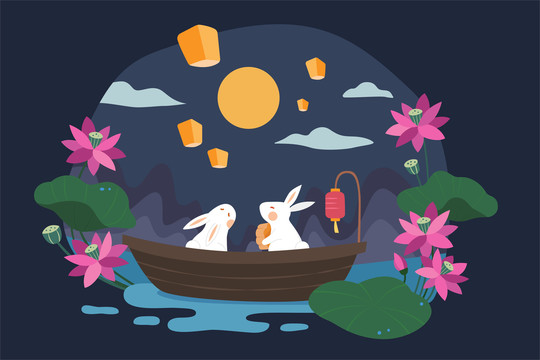 中秋玉兔乘坐小船赏月赏天灯