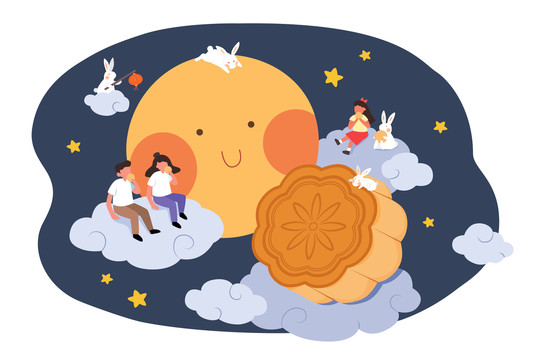 中秋节与可爱月亮一起享用月饼扁平插图
