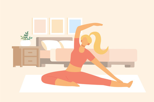 年轻女人在卧室做瑜伽拉伸运动