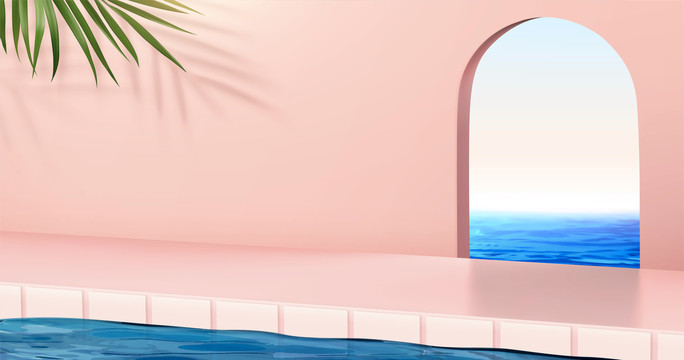 三维粉色泳池与窗外海洋风景