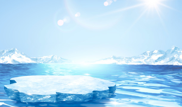 漂浮冰河板块与远景雪山背景