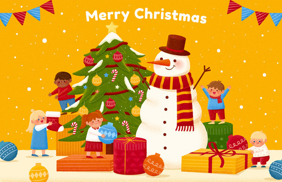 黄色可爱小孩们装饰圣诞树插画