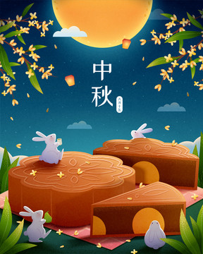 中秋佳節(jié)海報 巨大月餅上賞月的玉兔插圖