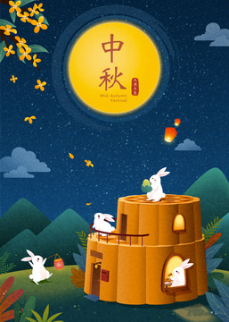 中秋節(jié)月餅小屋中賞月的玉兔插圖