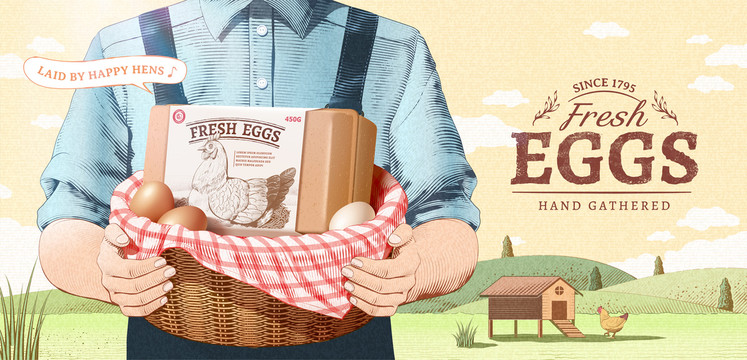 新鲜鸡蛋广告 蚀刻风农场主人抱着一篮鸡蛋