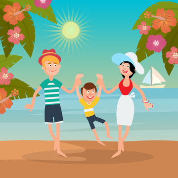扁平風(fēng)插畫家庭夏日海邊游玩圖