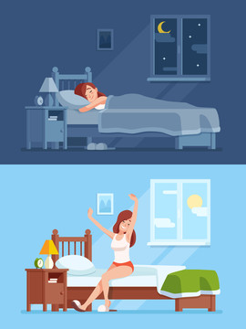 女孩早睡早起健康生活卧室背景卡通插图