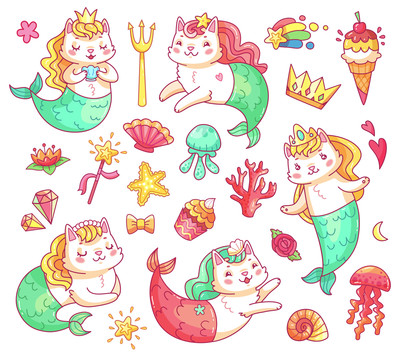 卡通美人魚貓咪插畫
