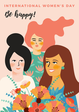 国际妇女节女性人物手捧花束手绘插图