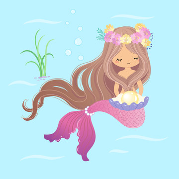 美人魚閉眼拿珍珠插圖