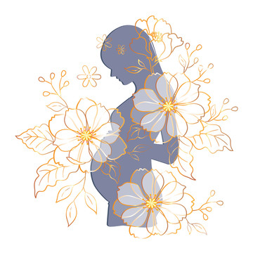 懷孕女性剪影及花卉輪廓插圖