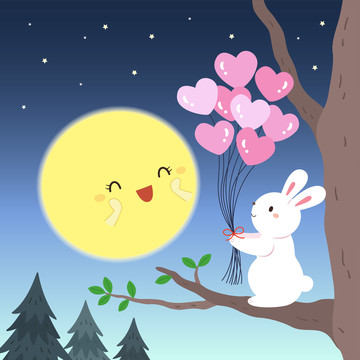 中秋白兔送心形氣球插畫