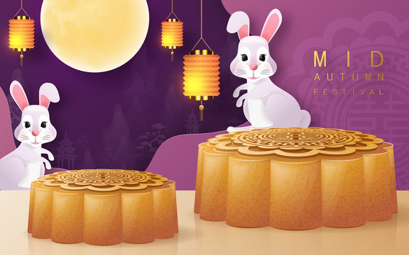 中秋节月饼与兔子图片素材