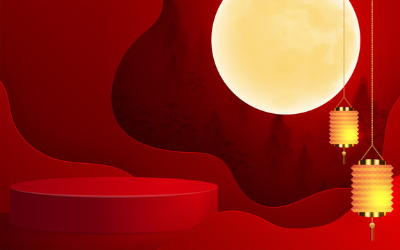 暗紅色中秋燈籠背景及圓形展示臺(tái)