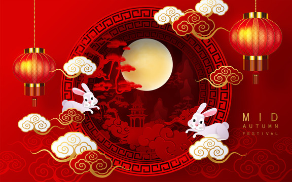 中秋燈籠圓形山水紅色背景