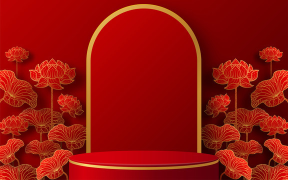 红色莲花背景展示台设计