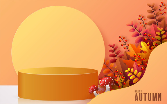 鲜艳渐层枫叶野菇元素 月圆迎接秋天背景