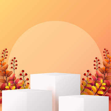 橘红色渐层枫叶边框与白色展台背景