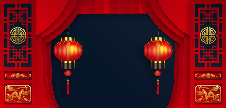 紅色復(fù)古中式木雕落地門窗插畫