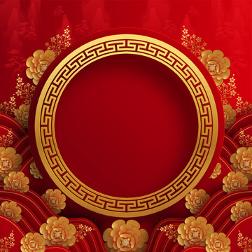 花朵装饰的中式新春结婚典礼圆形边框背景