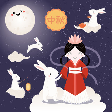 扁平風(fēng)中秋嫦娥玉兔插畫(huà)圖