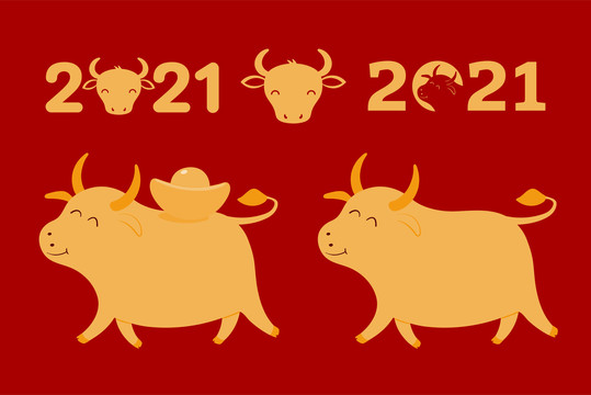 2021可愛牛年新年賀歲插圖
