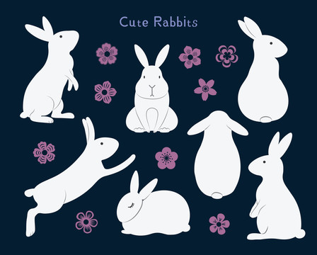 可爱不同角度兔子扁平风插画图