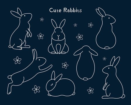 可爱不同角度兔子线条插画图