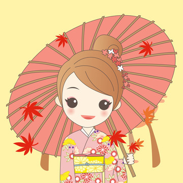 日本女人撑伞卡通插图