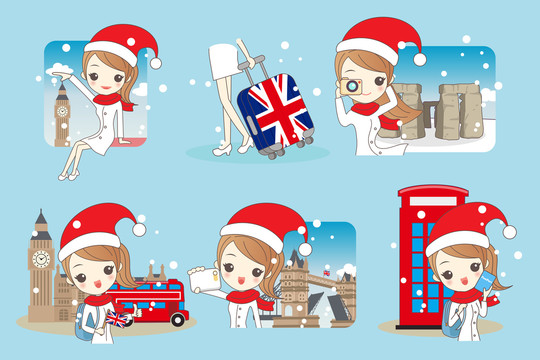 冬天戴圣诞帽旅游英国的女生插图集合