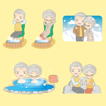 銀發(fā)夫妻享受出游泡湯賞雪卡通插圖
