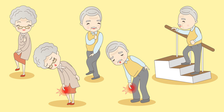 银发老人与膝盖问题的预防卡通插图
