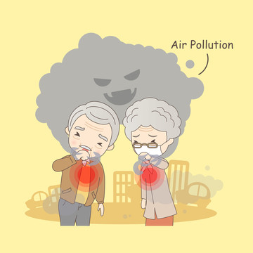 銀發(fā)長者與空氣污染造成肺部生病卡通插圖