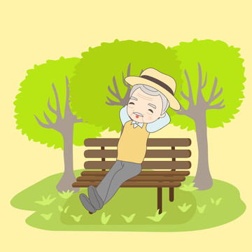 銀發(fā)老爺爺公園長(zhǎng)椅上坐享自然卡通插畫