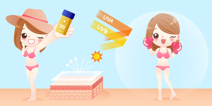 左手展示防曬乳右手將其涂抹臉上與防護(hù)罩內(nèi)戴著拳擊手套的比基尼少女