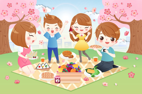 樱花树下悠闲野餐的一家人