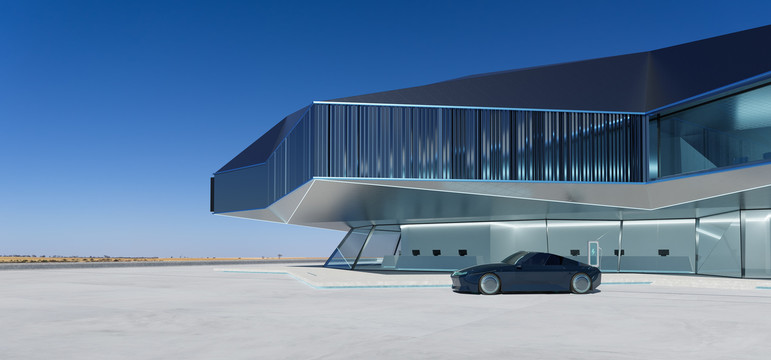 建筑旁跑車展示場(chǎng)景圖